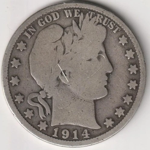 SEMI-KEY 1914 (P) BARBER HALF DOLLAR VG DETAILS