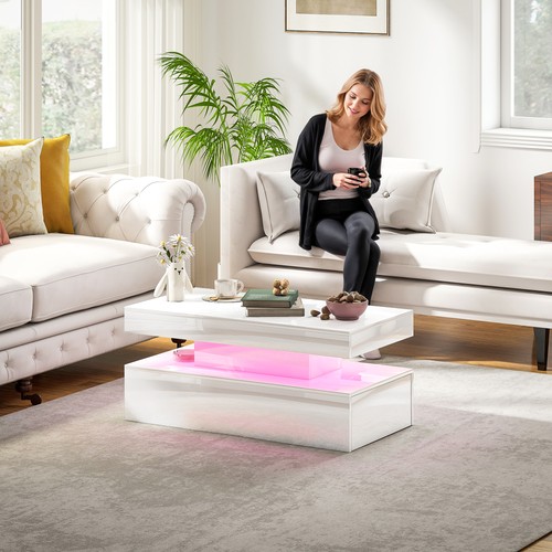 HOMCOM LED Coffee Table with Storage, High Gloss Living Room Table, White - Picture 10 of 11