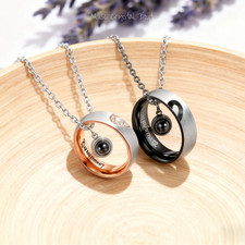 Pair of 100 Languages I LOVE YOU Projection Necklace Couple Rings Matching Gift