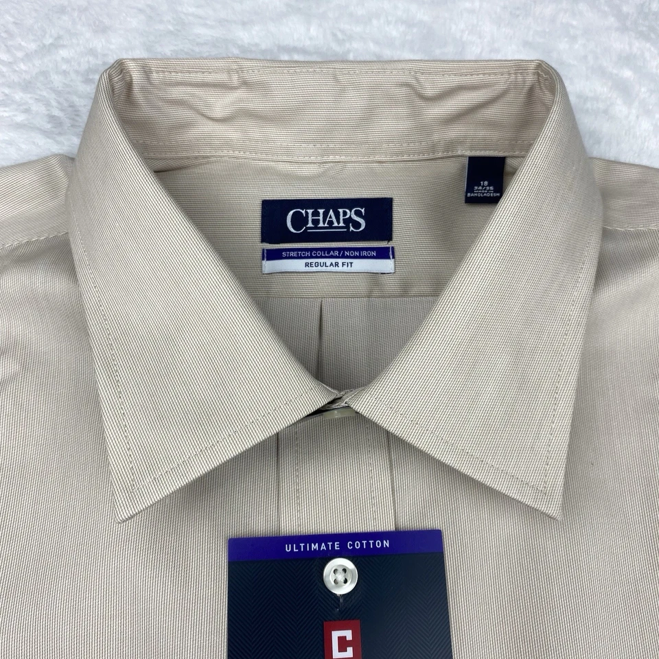 Camisa de vestir Chaps para hombre 18 34/35 beige ajuste regular cuello elástico sin plancha nueva con etiquetas Foto 3 de 4