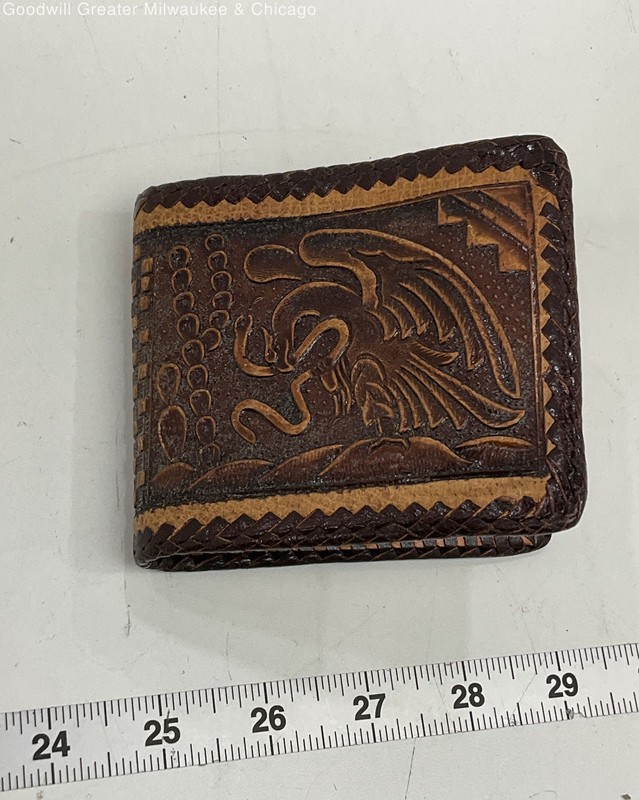 Vintage Aztec Tooled Leather Bifold Wallet