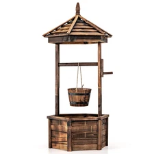 Wooden Wishing Planters w/ Shadowy Roof & Bucket for Small Potted Plants Brown