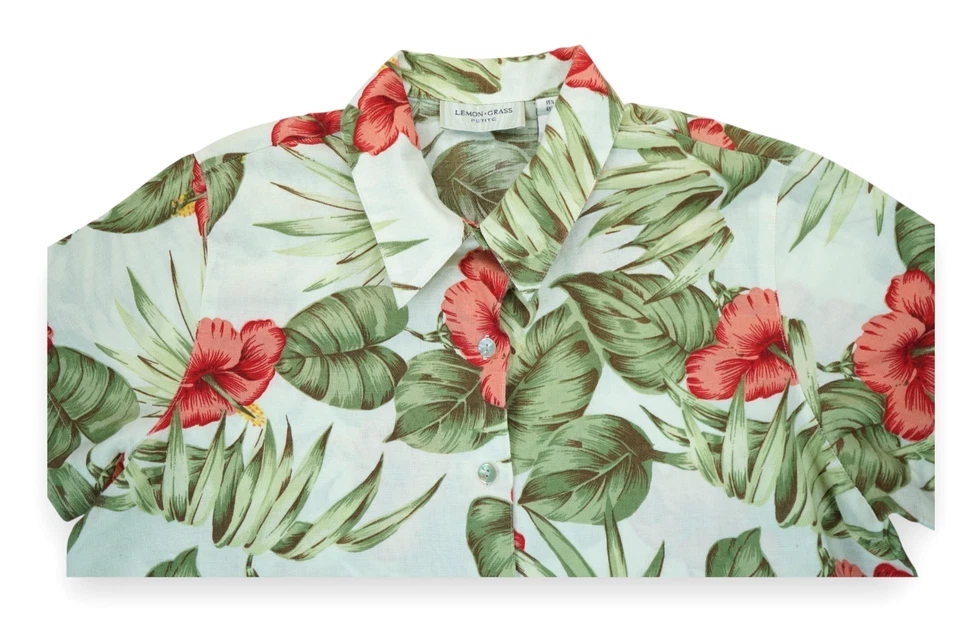 Camisa feminina grama limão floral havaiana aloha botão para cima manga curta pequena G - Imagem 3 de 4