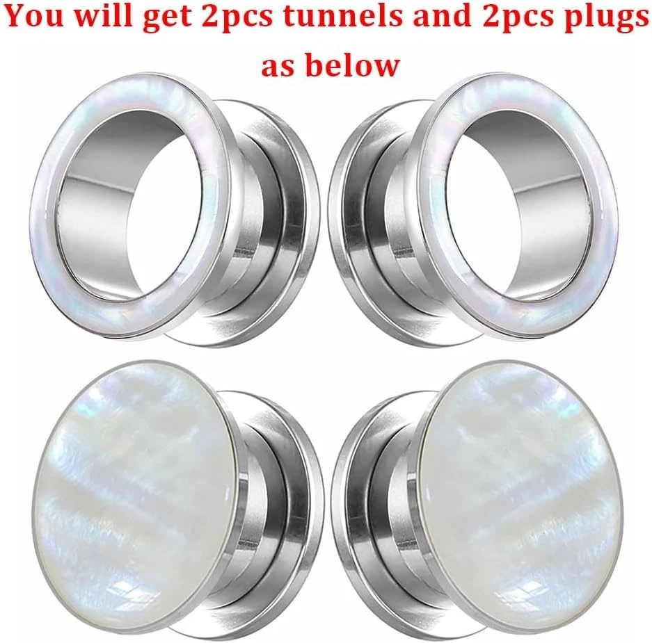 2 pares de tapones medidores de oreja de acero inoxidable con carcasa de perla blanca de 8 mm (0 g), plateados  Foto 2 de 4