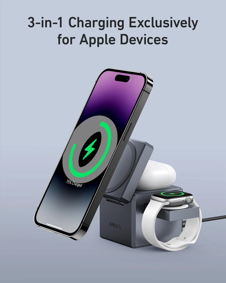 Anker 3-в-1 куб с MagSafe Y1811 беспроводное зарядное устройство серый - отличное - Изображение 2 из 4