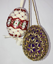 Lot 2 Hand-Crocheted Beaded wooden Eggs on hanging loops Easter