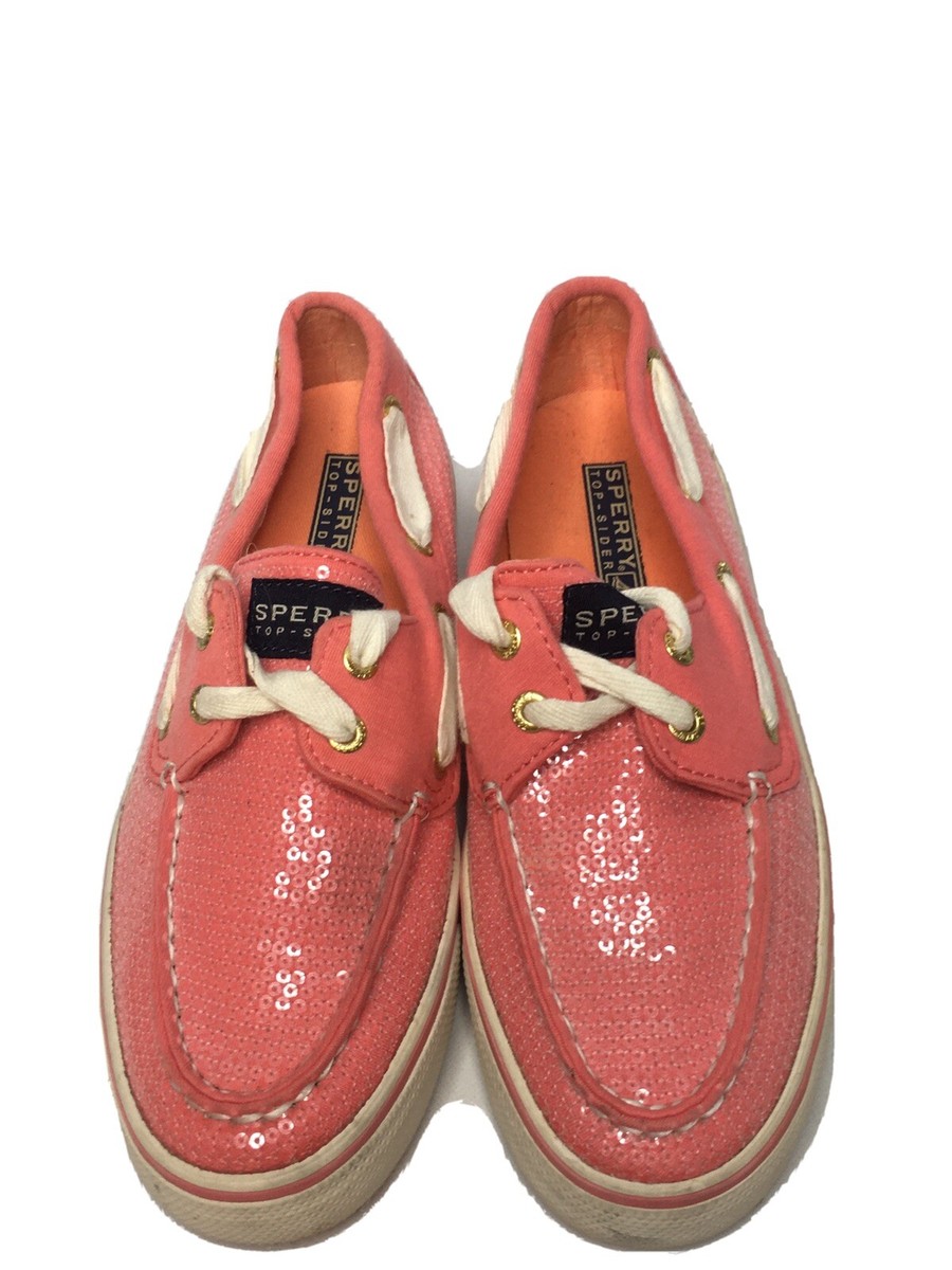 Womens Sperry Top-sider Size M Coral Pink Sequined Boat Shoe