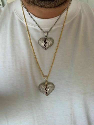 Solid 925 Silver/ 14k Gold Plated Broken Heart CZ Hip Hop HopHop Icy Heartbroken - Picture 6 of 16