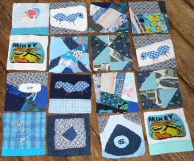 Set of 16 Crazy Quilt Stitched Blocks 6'' x 6'' Blue Base color Lot #2B