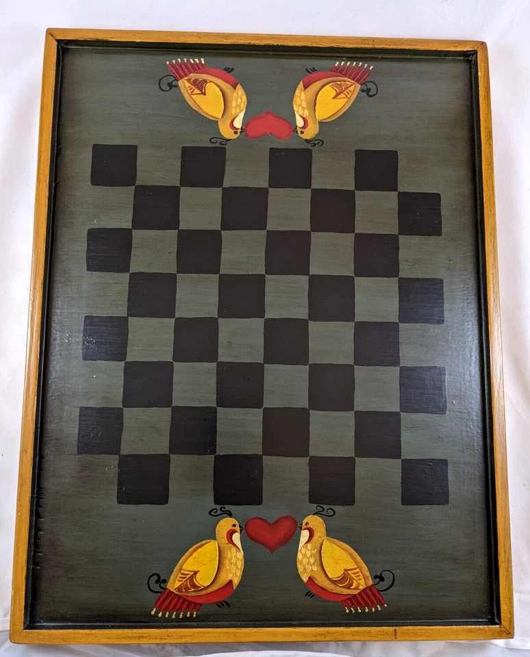 Vintage Folk Art Game Board Checkerboard w/ Love Doves - Image 3 of 4