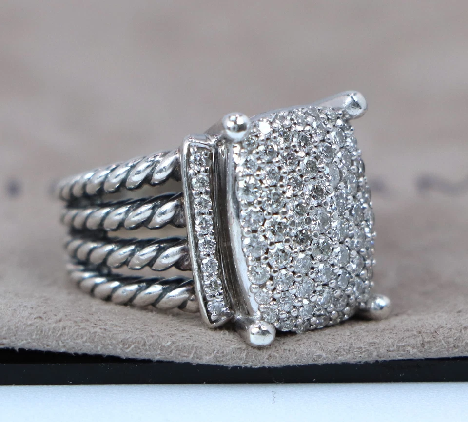 $2,950 David Yurman Sterling Silver Round Pave Diamond 16x12 Wheaton Ring 6 - Image 4 of 4