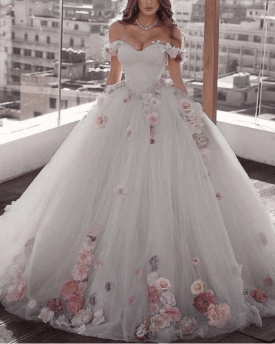 A-line Wedding Dresses Off Shoulder Tulle Ball Gown Lace Floral Appliques Beaded - Picture 11 of 18