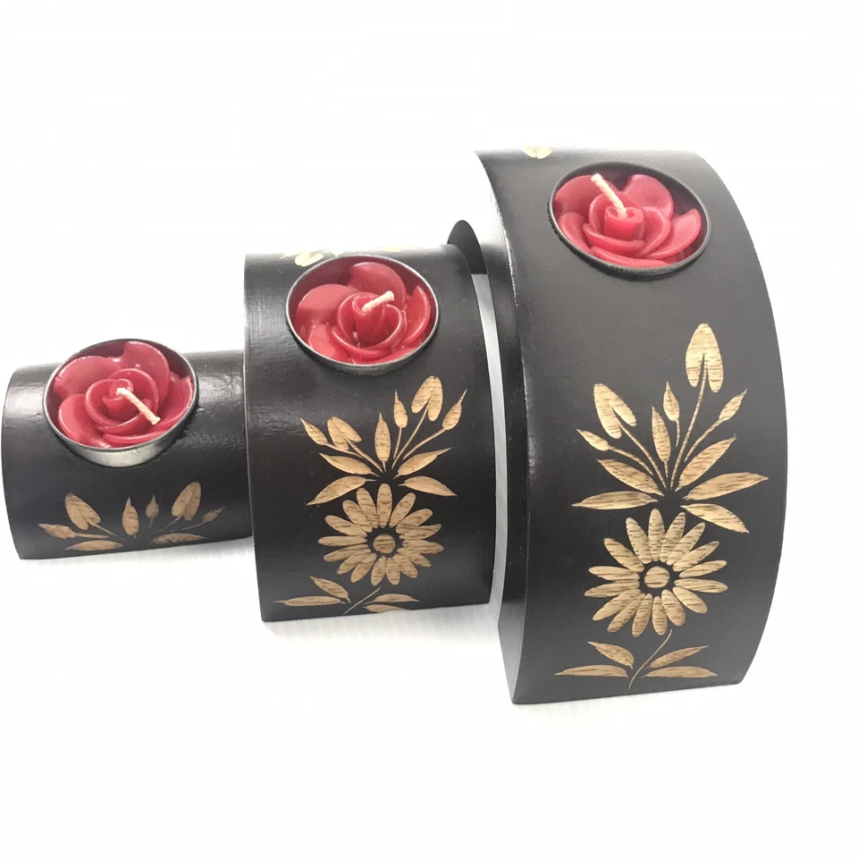 Candelabro + Velas 3 Piezas Diseñado y Decorado Madera Maciza, NUEVO-Nunca Usado Foto 2 de 4