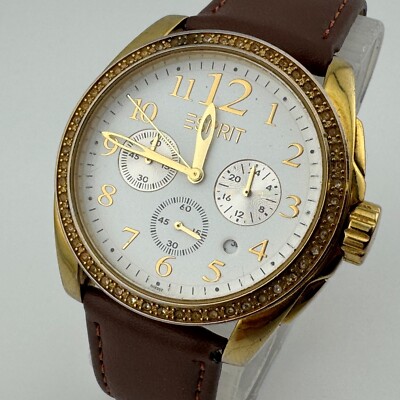 Esprit Quartz Watch 100632 Unisex Gold Tone Rhinestone Chronograph New Battery
