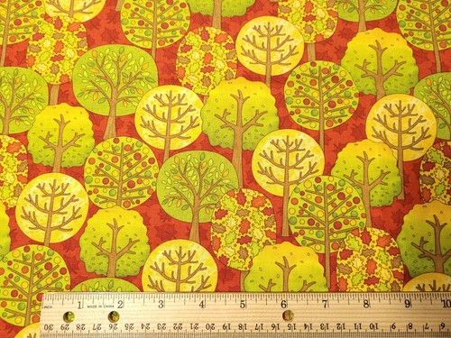 1 yd 10" Fall Fun Wilmington Prints Yellow Green Brown Orange Trees on Red - Picture 2 of 2