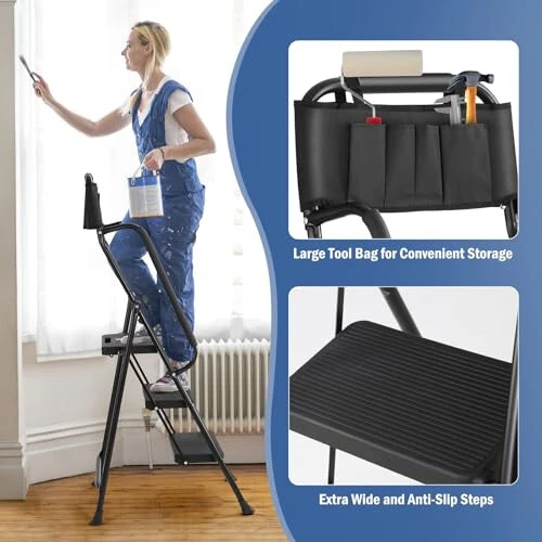 3 Step stool Ladder with Handrails 330 lbs folding Attachable Tool - Image 3 of 4