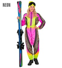 SKIANZUG LEOPARDENMUSTER NEON PINK GELB Overall Gürtel Gr. L Kostüm Verkleidung