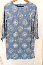 Talbots Blue Embroidered Eyelet Cotton Shift Dress 3/4 Tie Sleeve Size 8P