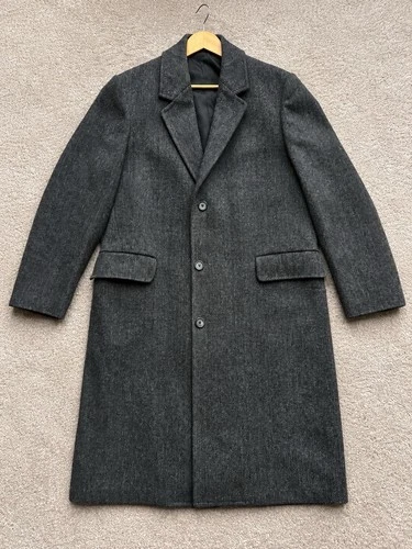 Vintage London Fog Overcoat 44 R Pure Wool Gray Tweed Herringbone USA Stunning! - product listing photo