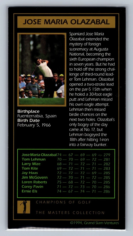 Jose Maria Olazabal 1998 Grand Slam Ventures: The Masters Collection #1994 - Image 2 of 2