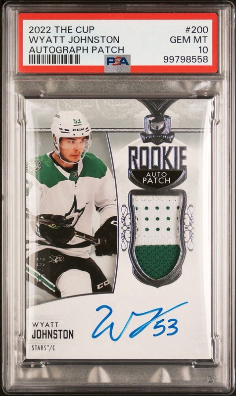 2022-23 UD The Cup Rookie Auto Patch Wyatt Johnston /99 AU, RPA, MEM, RC PSA 10