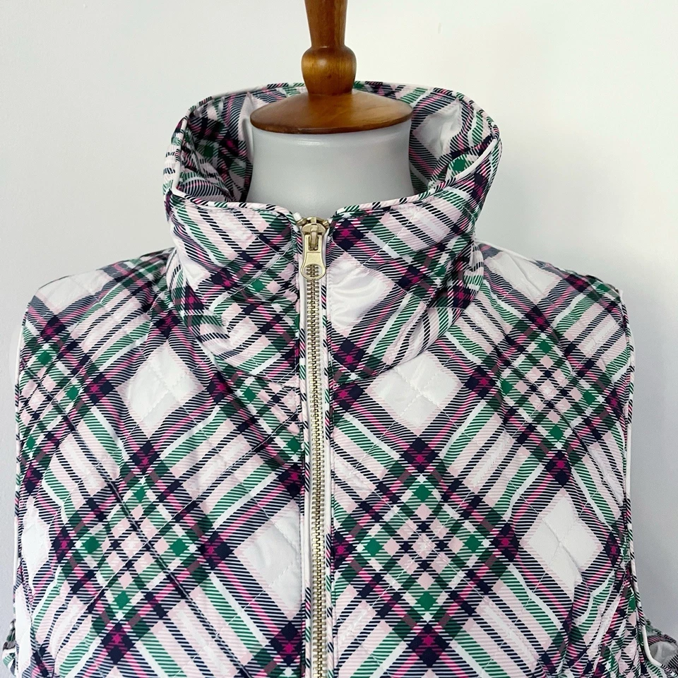 Chaleco acolchado Crown & Ivy tartán a cuadros blanco rosa verde azul para mujer XXL acolchado Foto 3 de 4