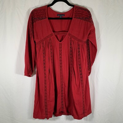 American Eagle Mini Dress Women's XS Red Crochet Trim 3/4 Sleeve V-neck  Cotton | eBay