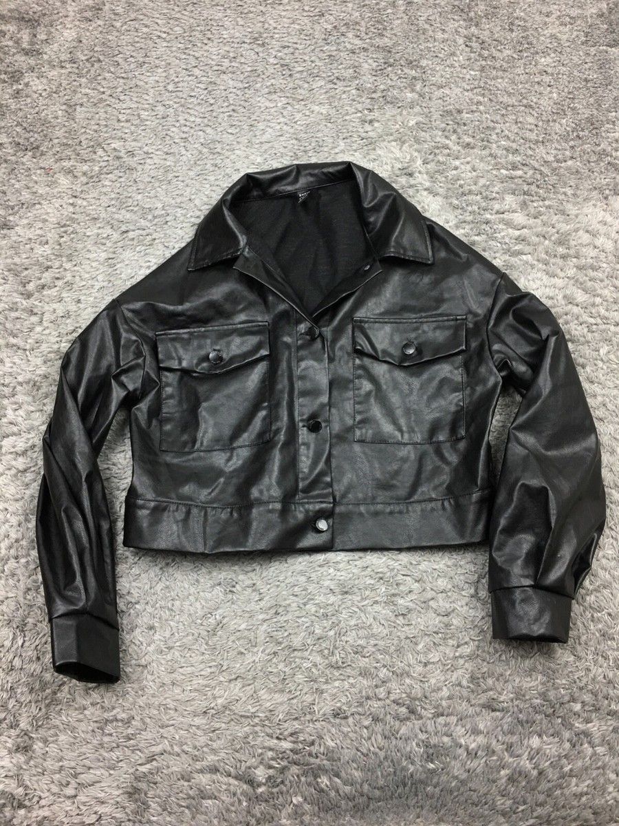 Shein Faux Leather Cropped Jacket Womens Size Small Black Button