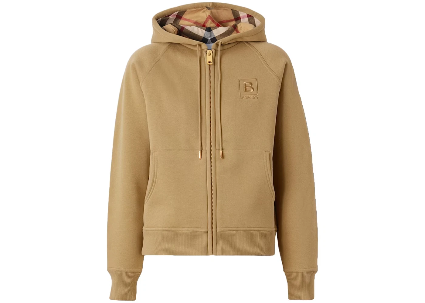 Burberry — Burberry Women Letter Graphic Check Trim Cotton-Blend Zip Hoodie