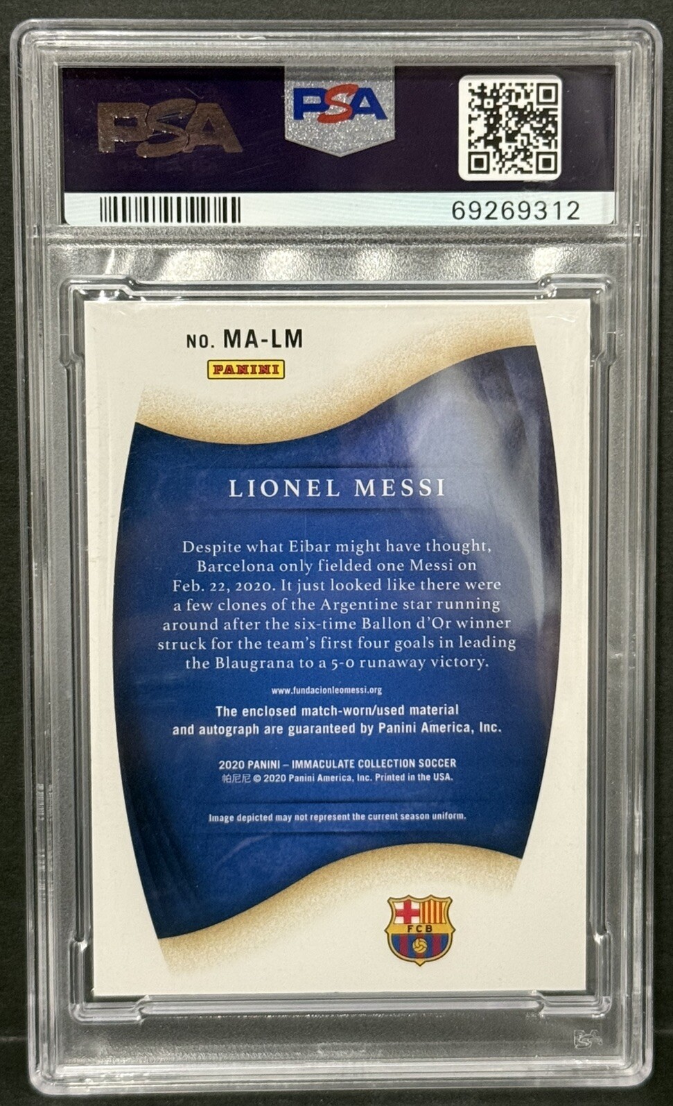2020 Panini Immaculate Lionel Messi 2-Color Patch Auto Sapphire #10/10 PSA 8 view 2