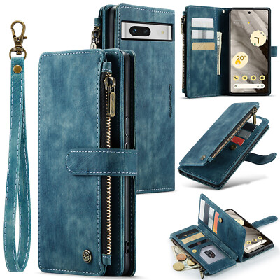 For Google Pixel 7A  Zipper PU Leather Card Holder Flip Wallet Case with Strap