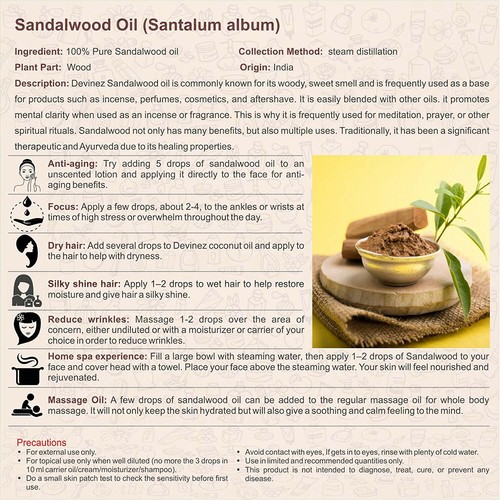 Olio essenziale di sandalo Devinez (Chandan), 100% puro, naturale e non diluito, 100 ml - Foto 3 di 3