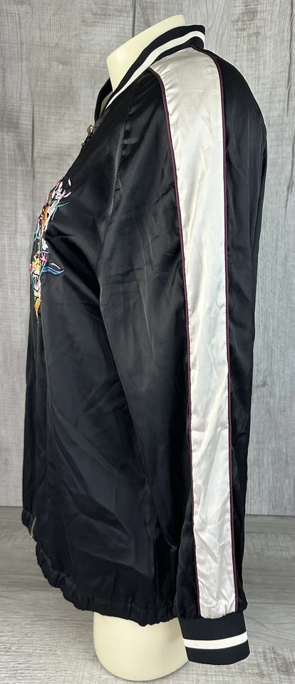 Вышитый Tiger куртка H & M разделенный черный атласный Bomber полный молнии пальто размер 12 - Изображение 2 из 4