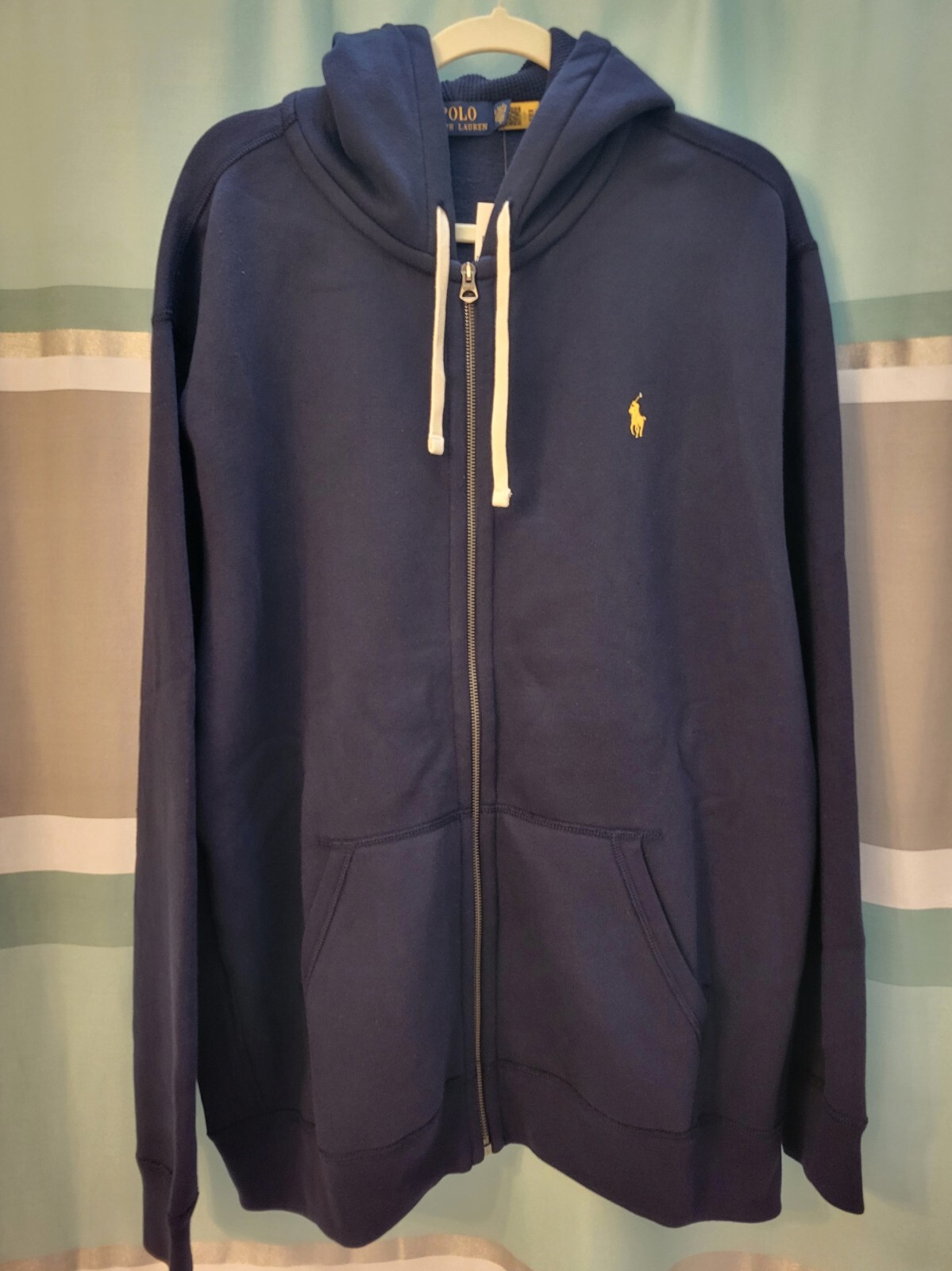 Polo Ralph Lauren taglia 2XB felpa con cappuccio blu navy zip giallo pony nuova con etichette $138