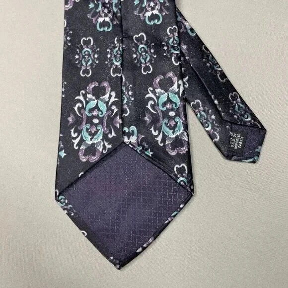 Gravata Christian Dior Monsieur masculina preta roxa azul seda filigrana designer floral - Imagem 4 de 4