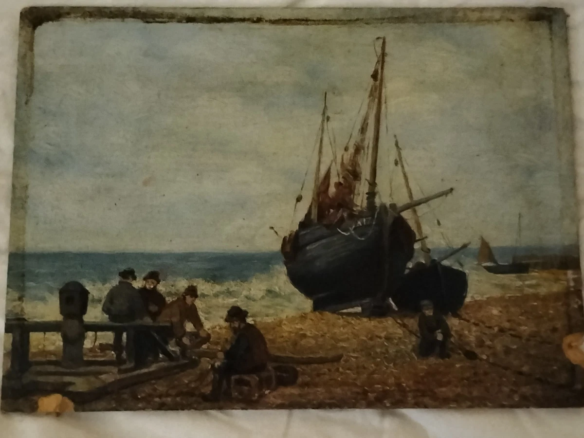 Tableau Huile Sur Toile – Paysage Bord De Mer Côte D’Azur – Années 1930-40 – Plage Personnages