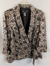 Alex Evening Brown  Gold Floral Print Tie Front Jacket 3/4 Sleeves Size XL