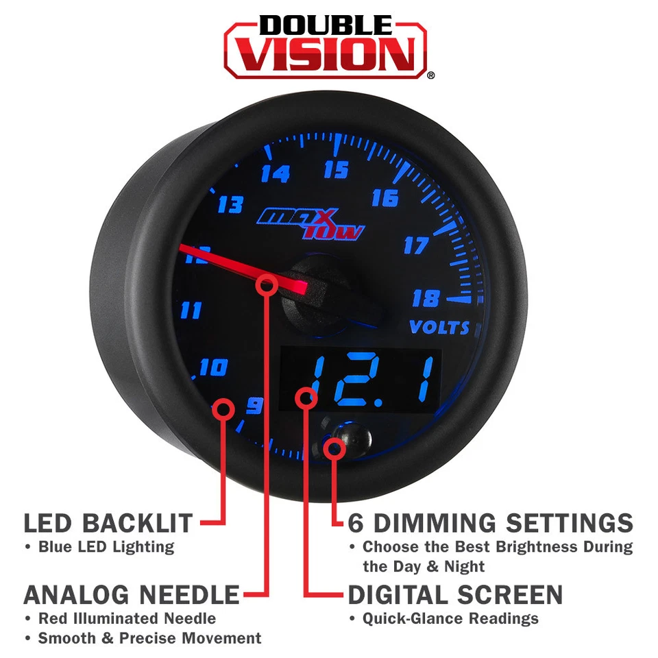 52mm Black & Blue LED MaxTow Gauges Double Vision Volt Voltage Gauge Meter - Image 4 of 4