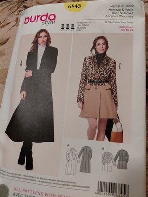 Burda 6845 Pattern SIZES 10-20 Women's Coat UNCUT