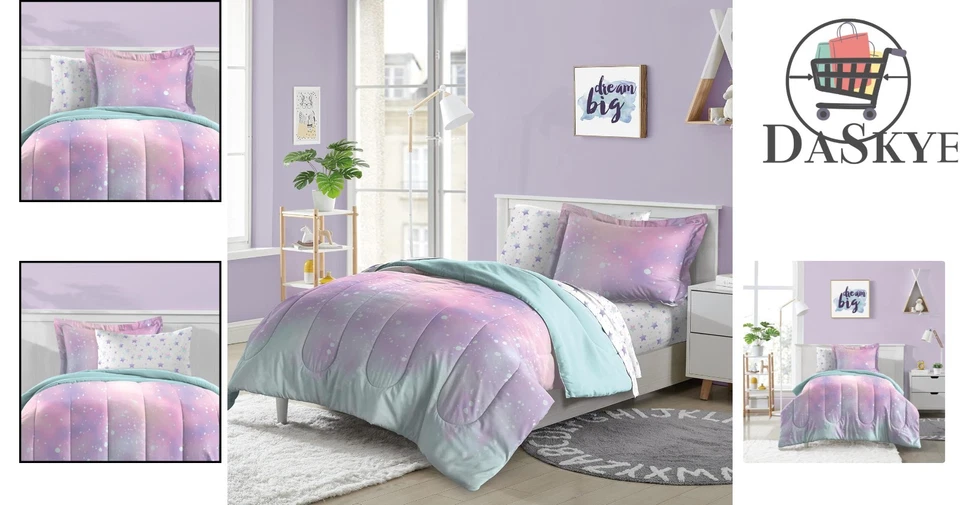 Juego de cama doble Whimsical Kids de 5 piezas - Edredón Galaxy súper suave en rosa Foto 2 de 4