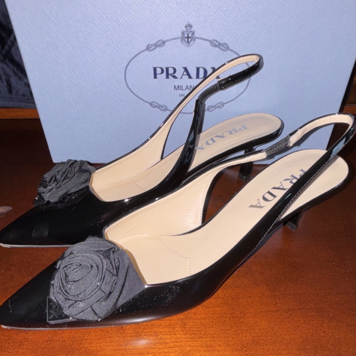 PRADA Black Patent Leather Slingback Heels with Flower Accent