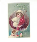 Postcard  Children Victorian Girl in Fur & Dog Greetings New Year      TC 1822