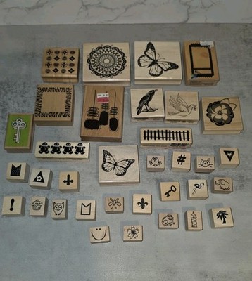 HUGE Lot Wooden Rubber Stamps 34 PC Craft Teacher Art Assorted Brands 