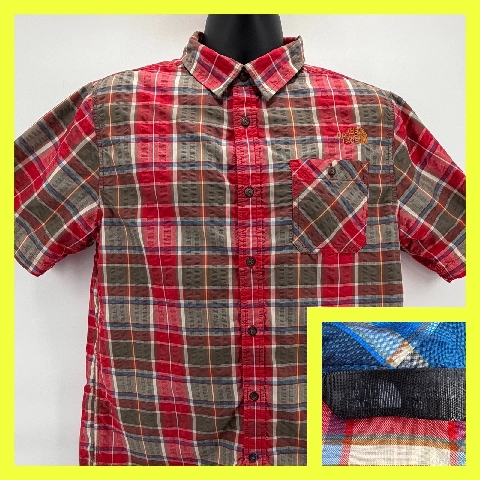 The North Face Mens Large Red Plaid Short Sleeve Button Down Hiking Shirt L