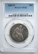 1860-O Liberty Seated Half Dollar 50C PCGS VF30