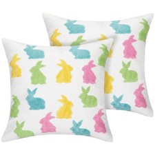 Easter Pillow Covers 18x18 Inch Set of 2 Colorful Bunny Embroidered Cotton Sq...