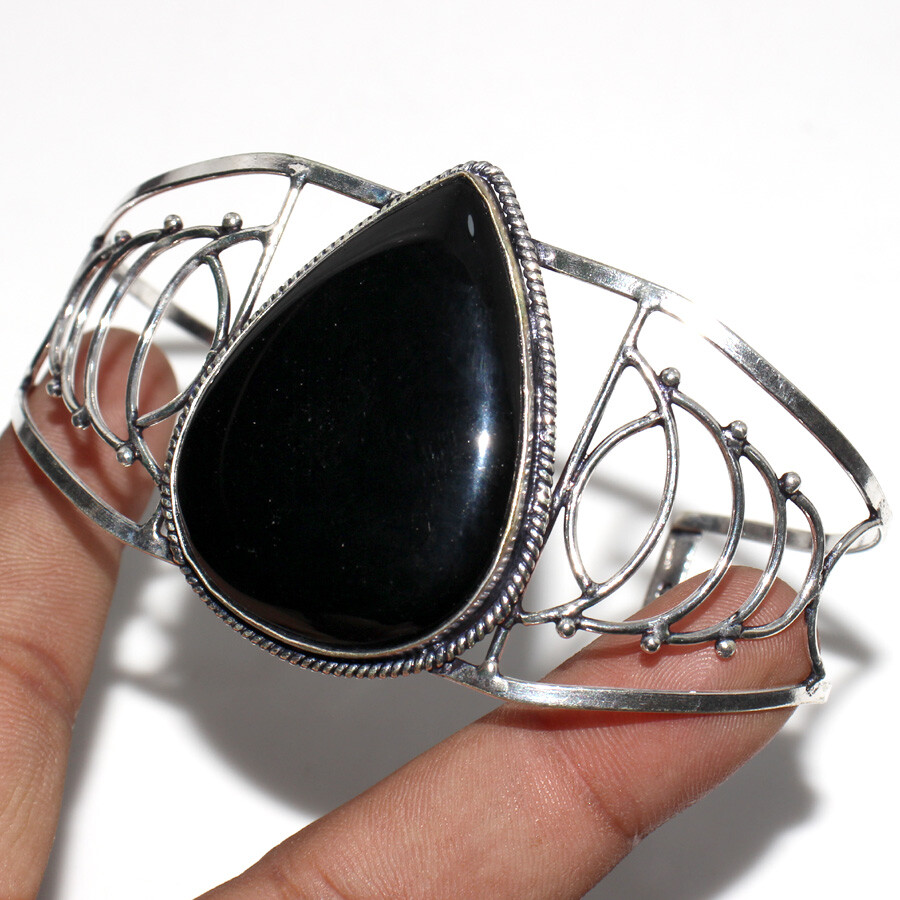 925 Silver Plated Black Obsidian Ethnic Huge Bangle Jewelry Size FreeSize JW