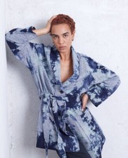RAQUEL ALLEGRA Black Bomba Indigo Blue Tie Dye Belted Shawl Cardigan Jacket Sz S