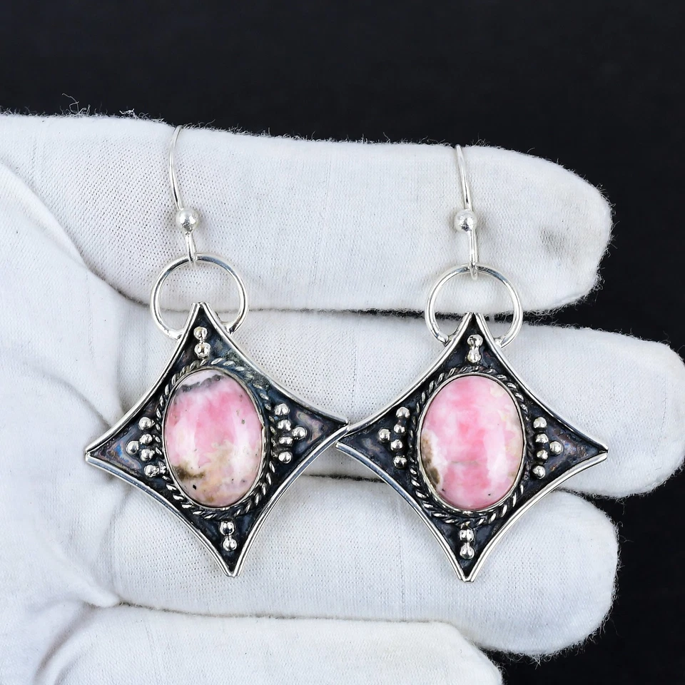 Naturale Rodocrosite Orecchino 925 Argento Sterling Fatto a Mano Pendenti - Immagine 2 di 4