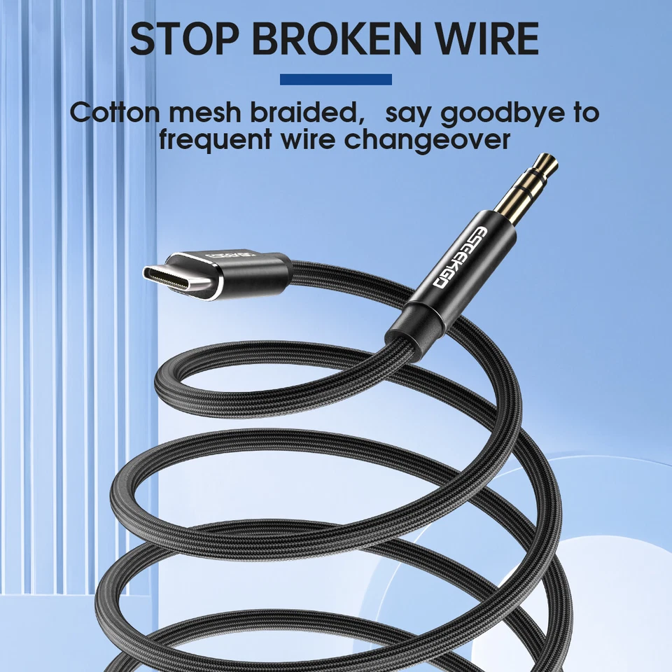 USB-C to 3.5mm Aux Stereo Audio Cotton Mesh Braided Cable - Black, 1.2M - Image 2 of 4